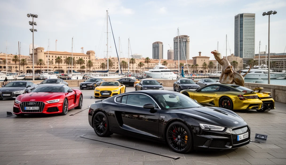 Escena artística con coches de lujo expuestos en el Puerto de Barcelona durante Autoart World