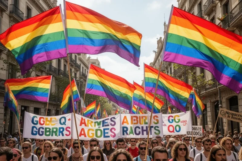 Crowd holding colorful banners during an LGTBI rights demonstration in Barcelona