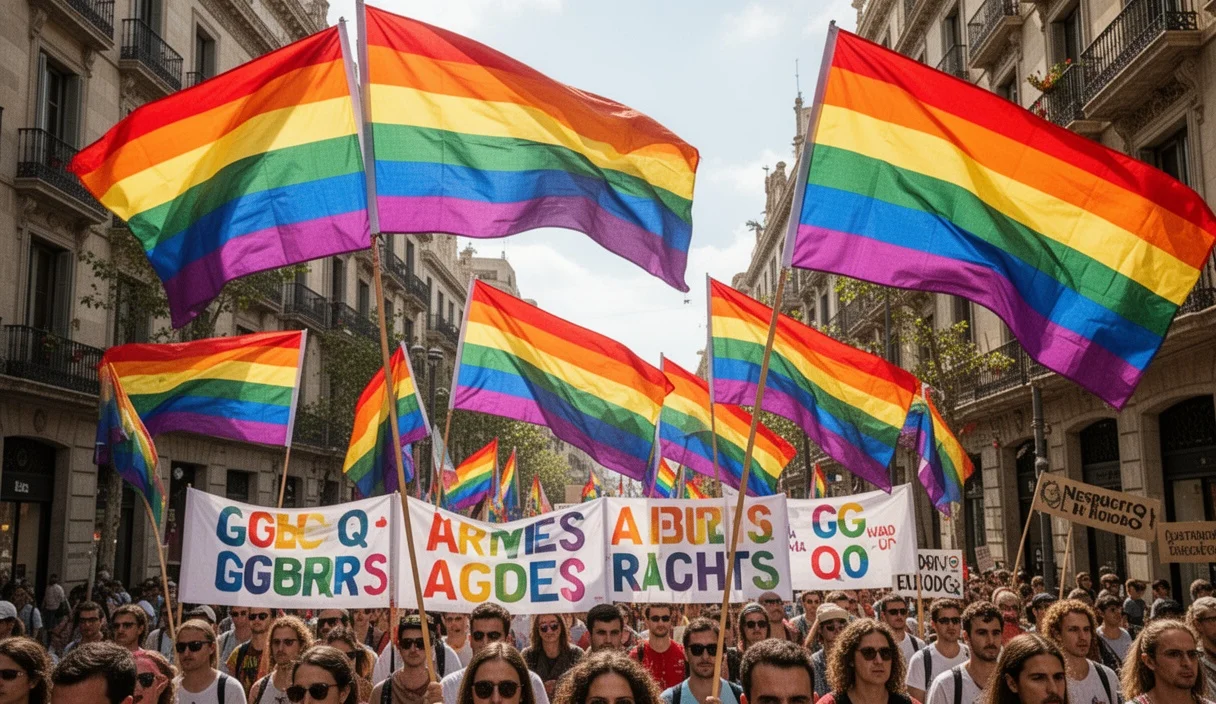 Crowd holding colorful banners during an LGTBI rights demonstration in Barcelona