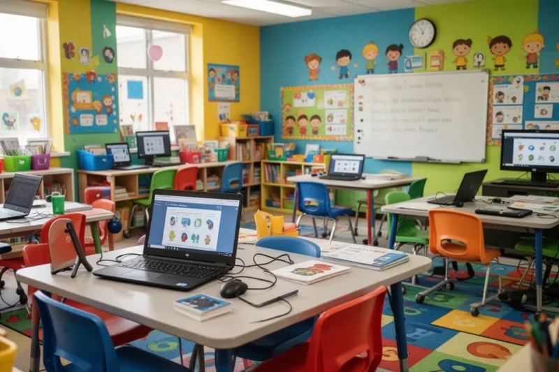 Espacio educativo tecnológico donde niños aprenden sobre robótica