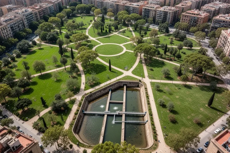 Vista aérea de parques verdes en Barcelona con sistemas subterráneos visibles