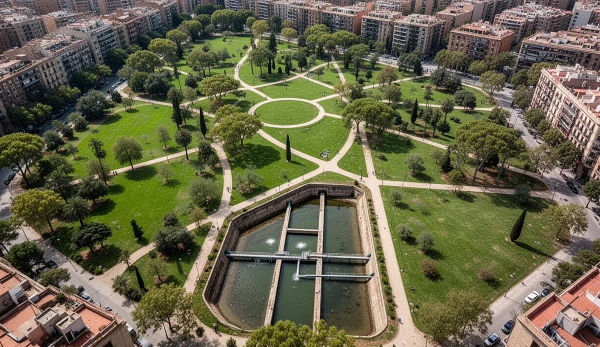 Vista aérea de parques verdes en Barcelona con sistemas subterráneos visibles