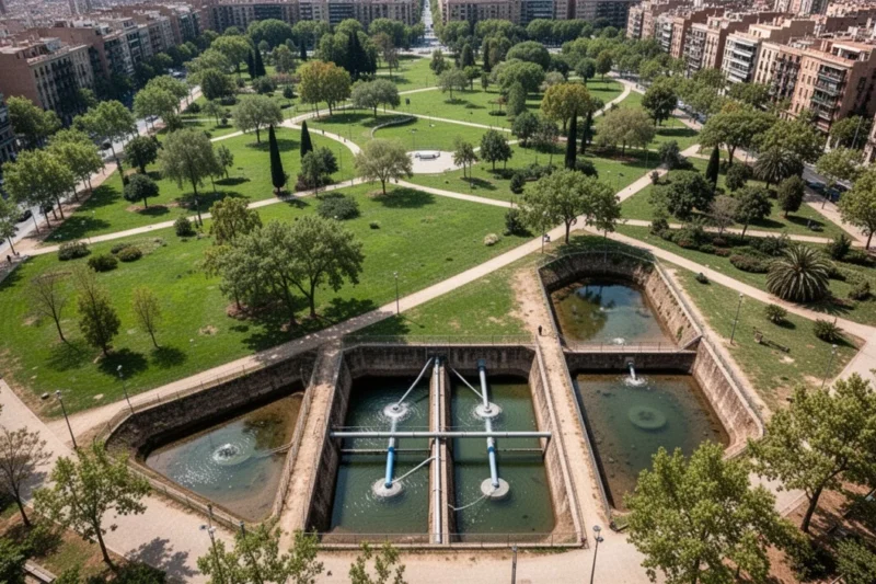 Vista aérea de parques verdes en Barcelona mostrando sistemas hídricos subterráneos