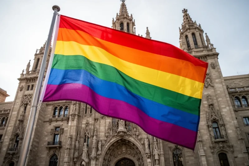 Barcelona's City Hall decorated with rainbow flags representing LGTBI pride