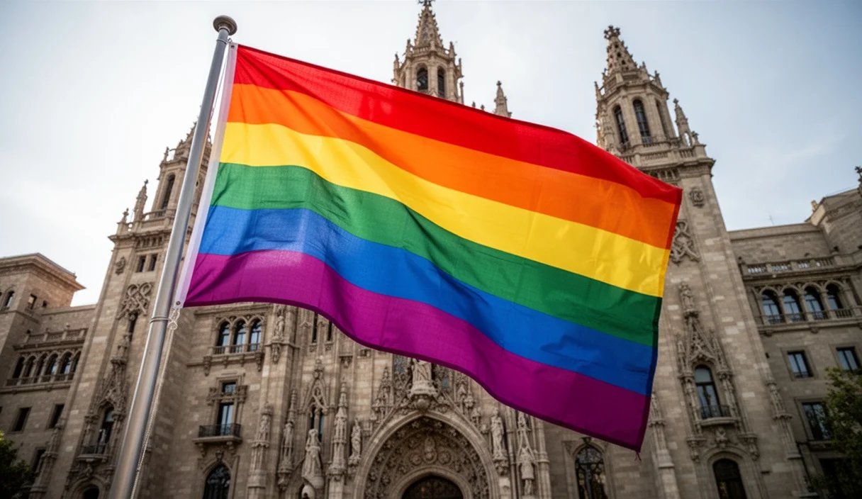 Bandera arcoíris ondeando frente al ayuntamiento de Barcelona durante las celebraciones del Orgullo