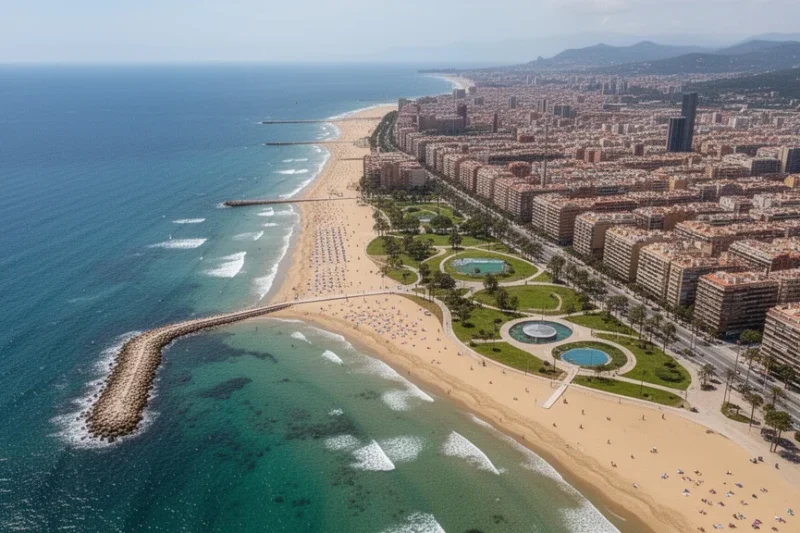 Vista aérea del litoral barcelonés mostrando playas y áreas urbanas con espacios verdes.