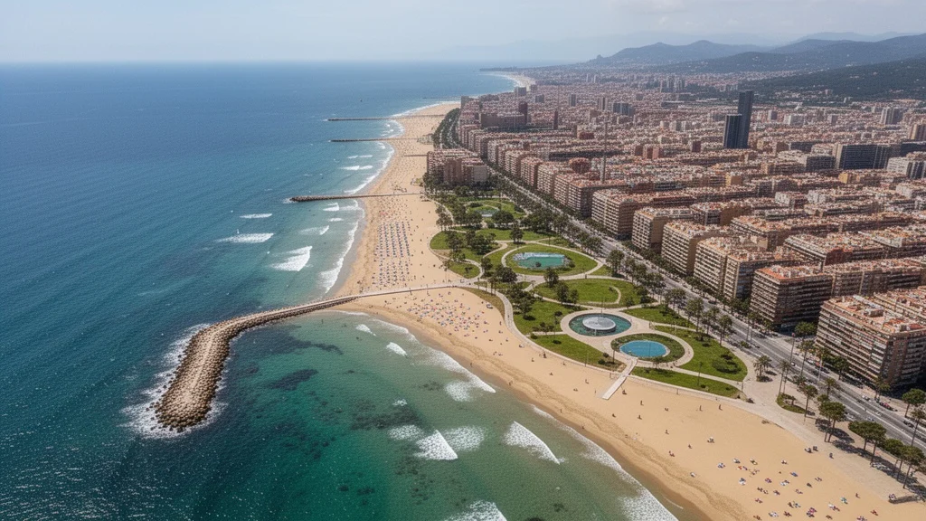 Vista aérea del litoral barcelonés mostrando playas y áreas urbanas con espacios verdes.