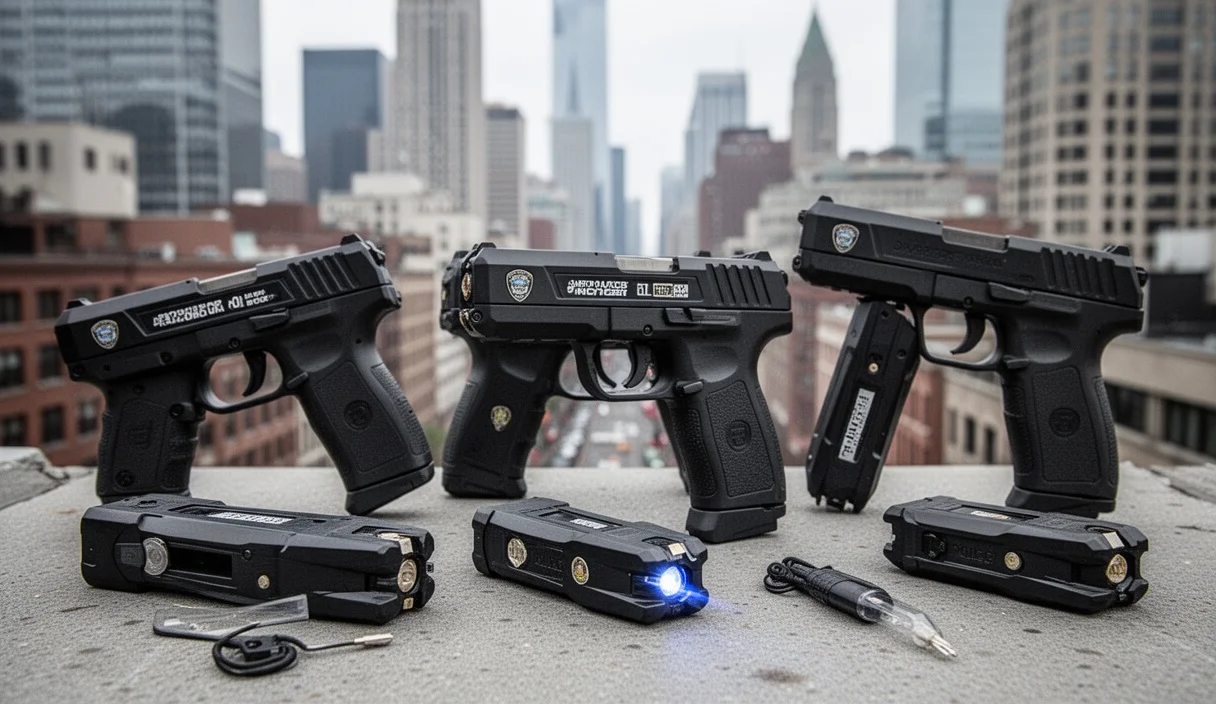 Pistolas táser exhibidas sobre fondo urbano