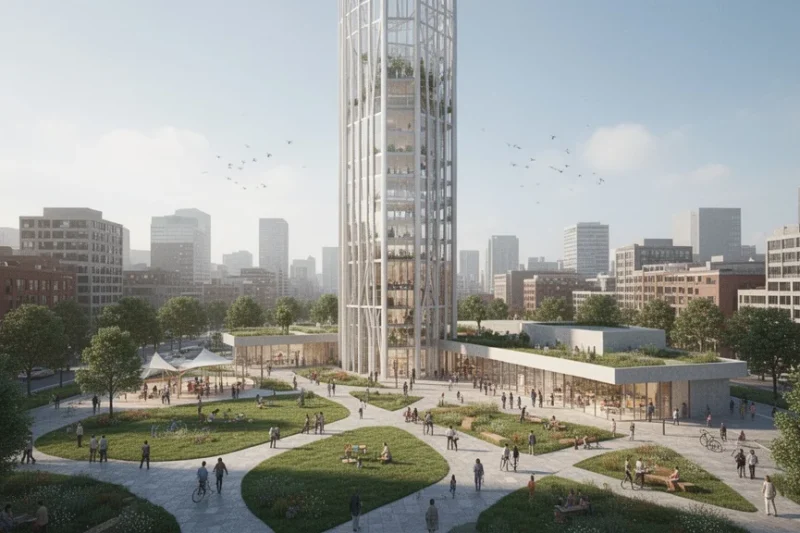 Concepto arquitectónico moderno para una torre pública en Barcelona