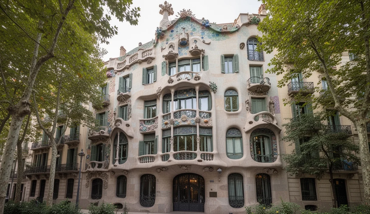 Fachada modernista de la Casa Lleó Morera en Barcelona rodeada de vegetación