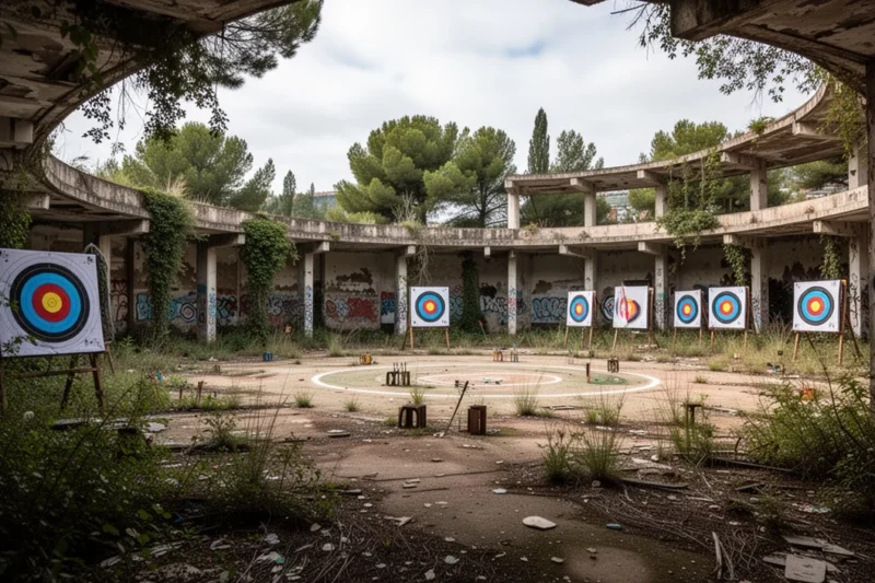 Neglected Olympic archery field showing signs of decay and overgrowth