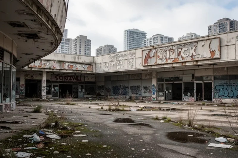Facade of an abandoned shopping center showing empty storefronts