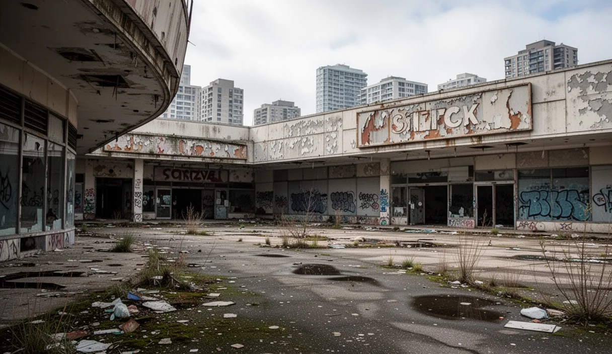 Centro comercial abandonado mostrando signos visibles de deterioro