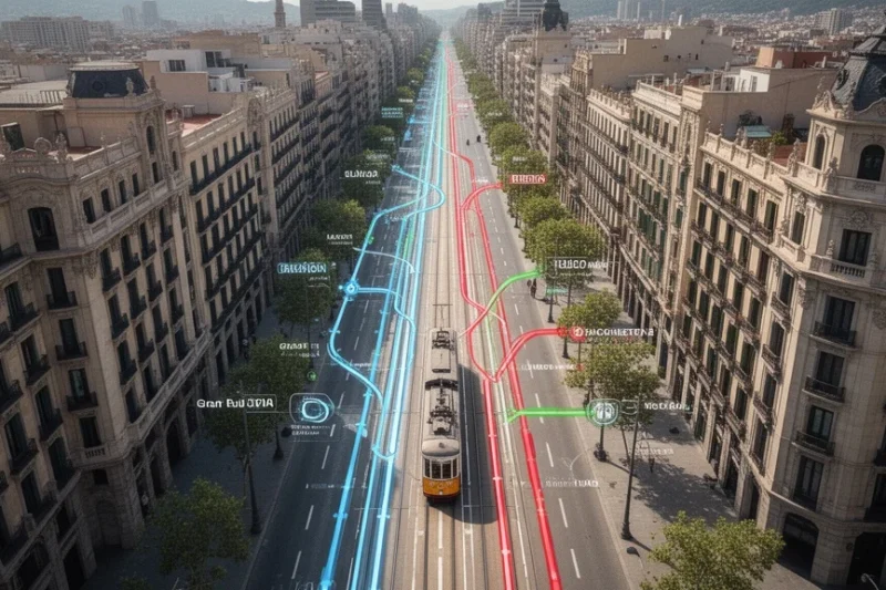 Vista aérea de la Gran Via en Barcelona destacando líneas históricas del tranvía y metro.