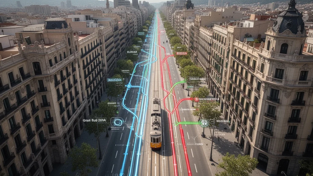 Vista aérea de la Gran Via en Barcelona destacando líneas históricas del tranvía y metro.