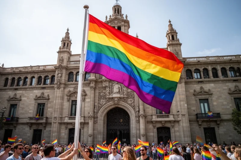 Rainbow flag displayed prominently at Barcelona's city hall during pride event
