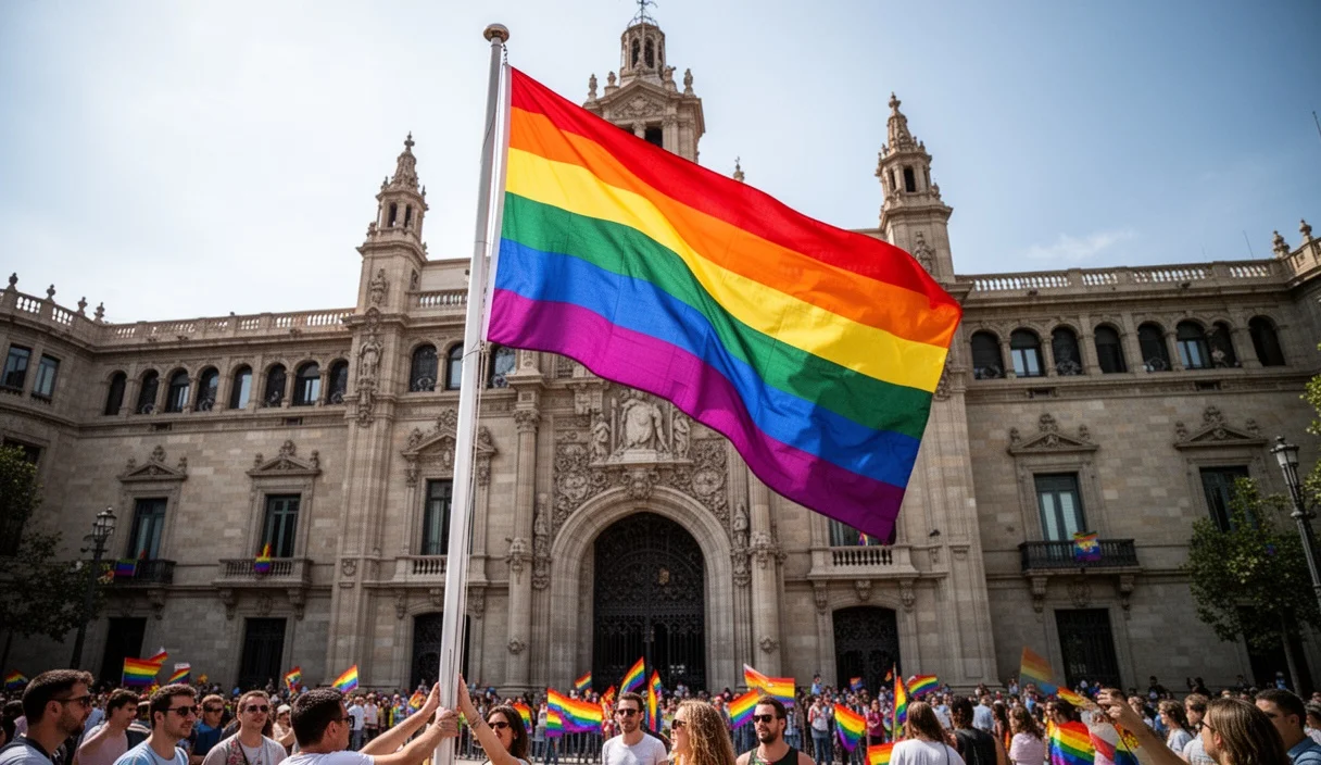 Bandera arcoíris ondeando en el balcón del Ayuntamiento durante la celebración del Orgullo LGTBI