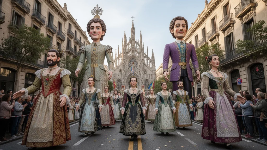 Desfile tradicional en Barcelona con figuras gigantes celebrando una festividad cultural.