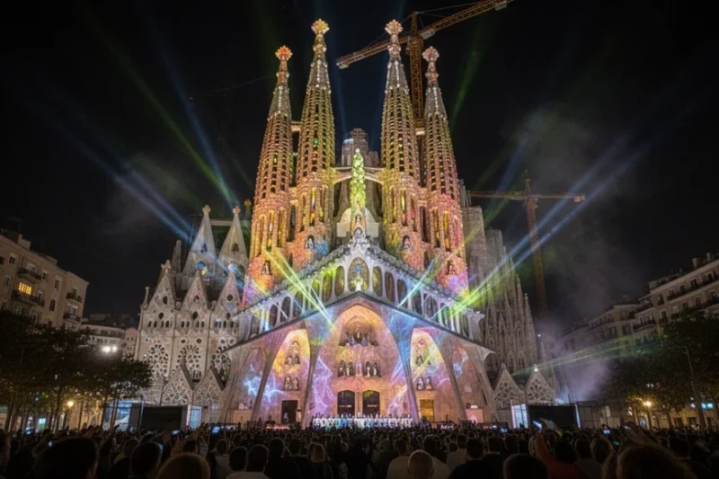 Vista nocturna iluminada de la Sagrada Familia durante su inauguración