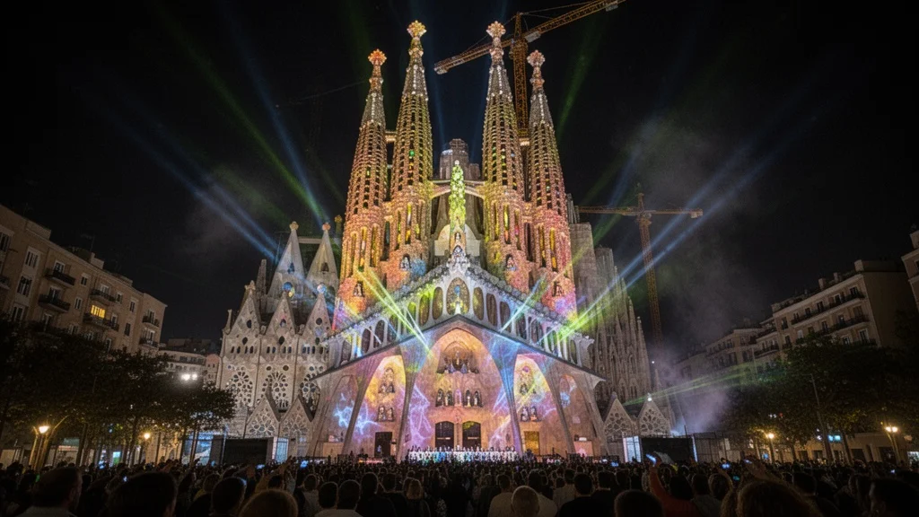 Vista nocturna iluminada de la Sagrada Familia durante su inauguración