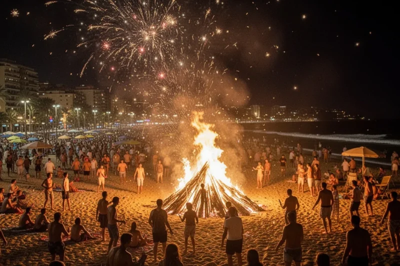 Playa abarrotada durante la verbena de Sant Joan en Barcelona con hogueras encendidas