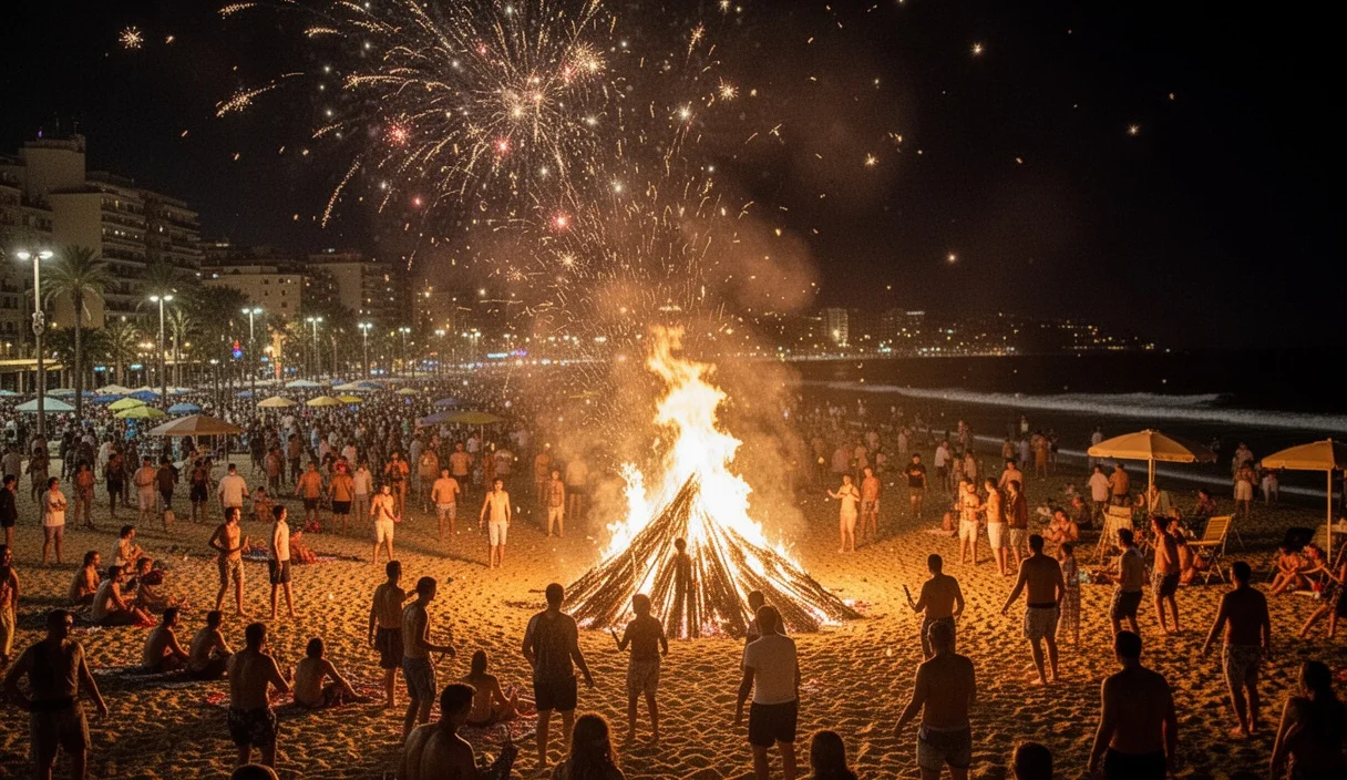 Playa abarrotada durante la verbena de Sant Joan en Barcelona con hogueras encendidas