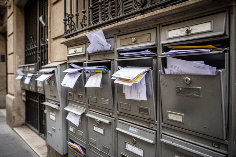 Mailboxes filled with misaddressed letters outside a residential building