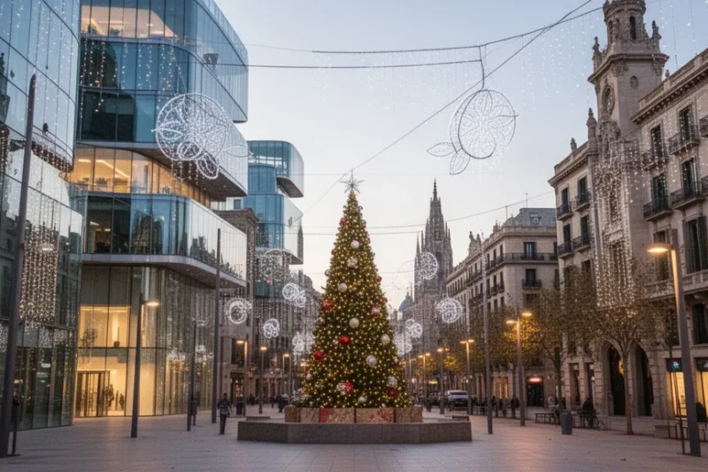 Vista urbana moderna de Barcelona con elementos festivos iluminados