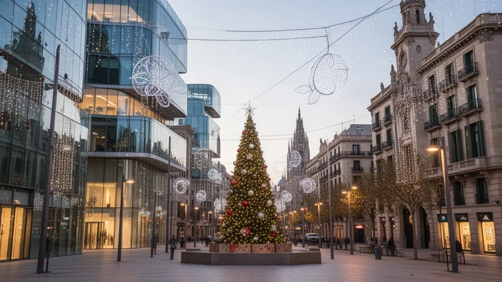 Vista urbana moderna de Barcelona con elementos festivos iluminados