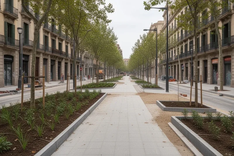 Reforma urbana prevista en el carrer d'Artesania con aceras amplias y zonas verdes.