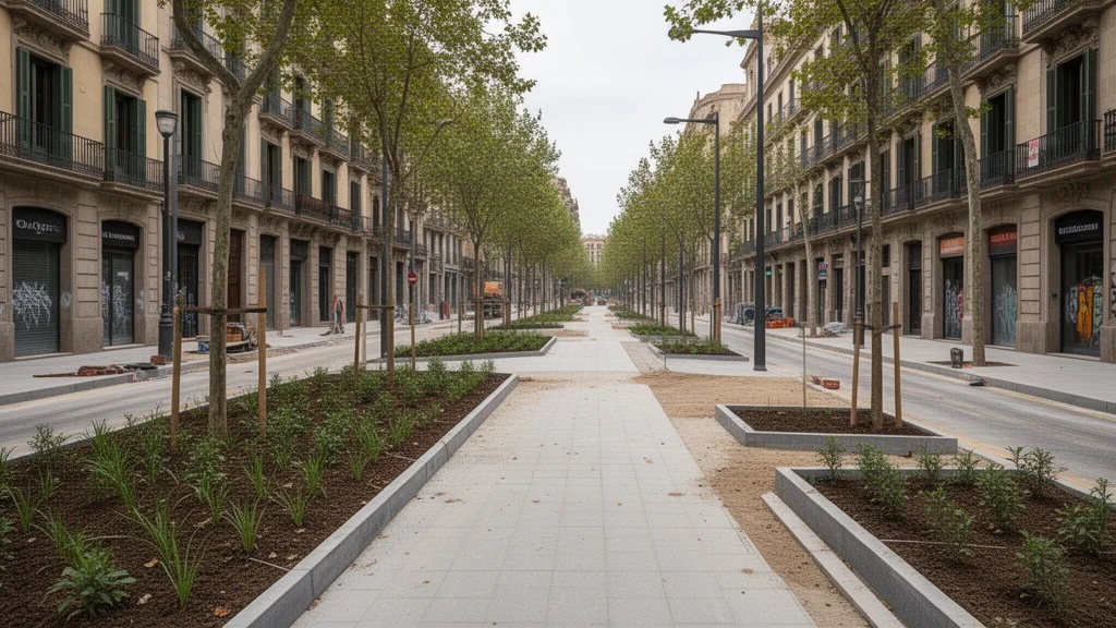 Reforma urbana prevista en el carrer d'Artesania con aceras amplias y zonas verdes.