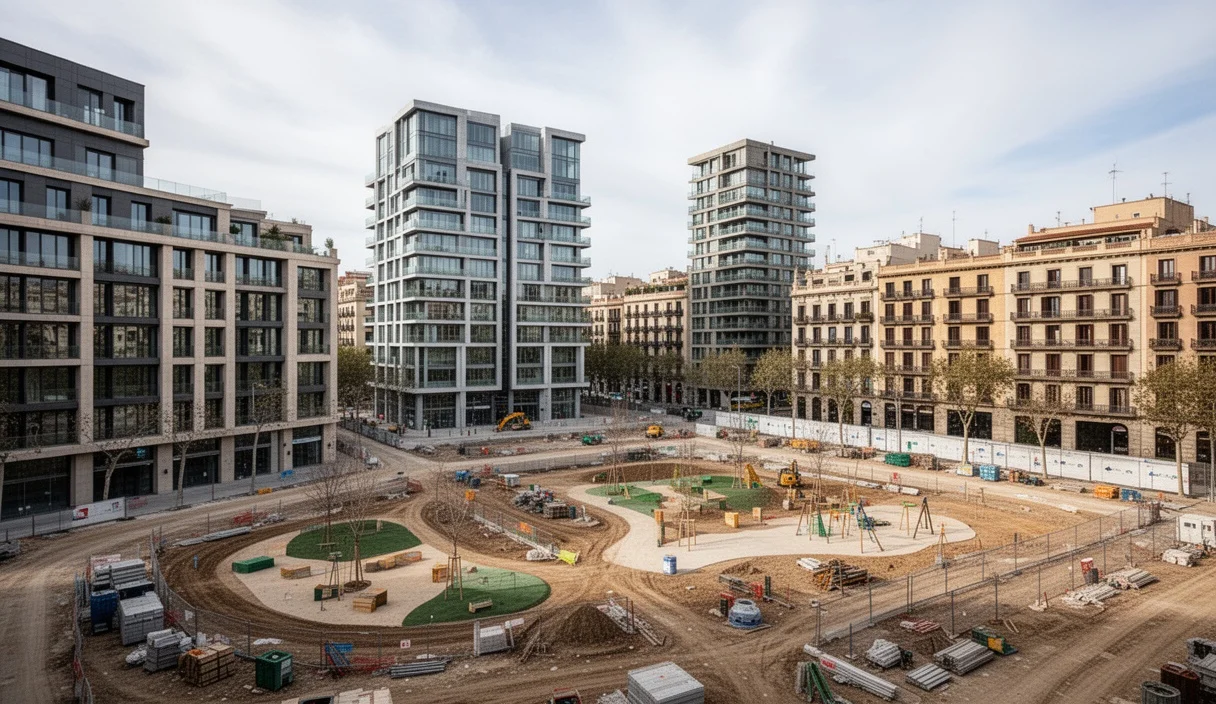 Vista urbana de Barcelona mostrando edificios modernos y espacios comunitarios