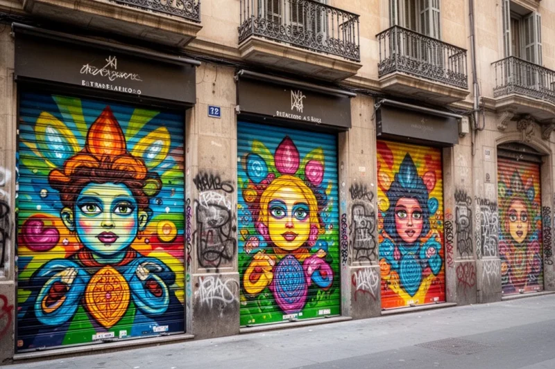 Vibrant murals on shop shutters enhancing local commerce in Barcelona