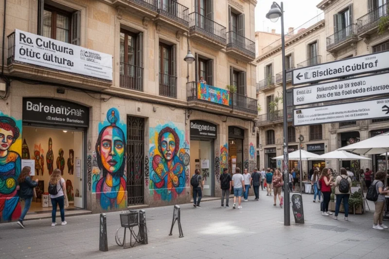 Vista colorida de una calle en Barcelona con arte público y espacios culturales