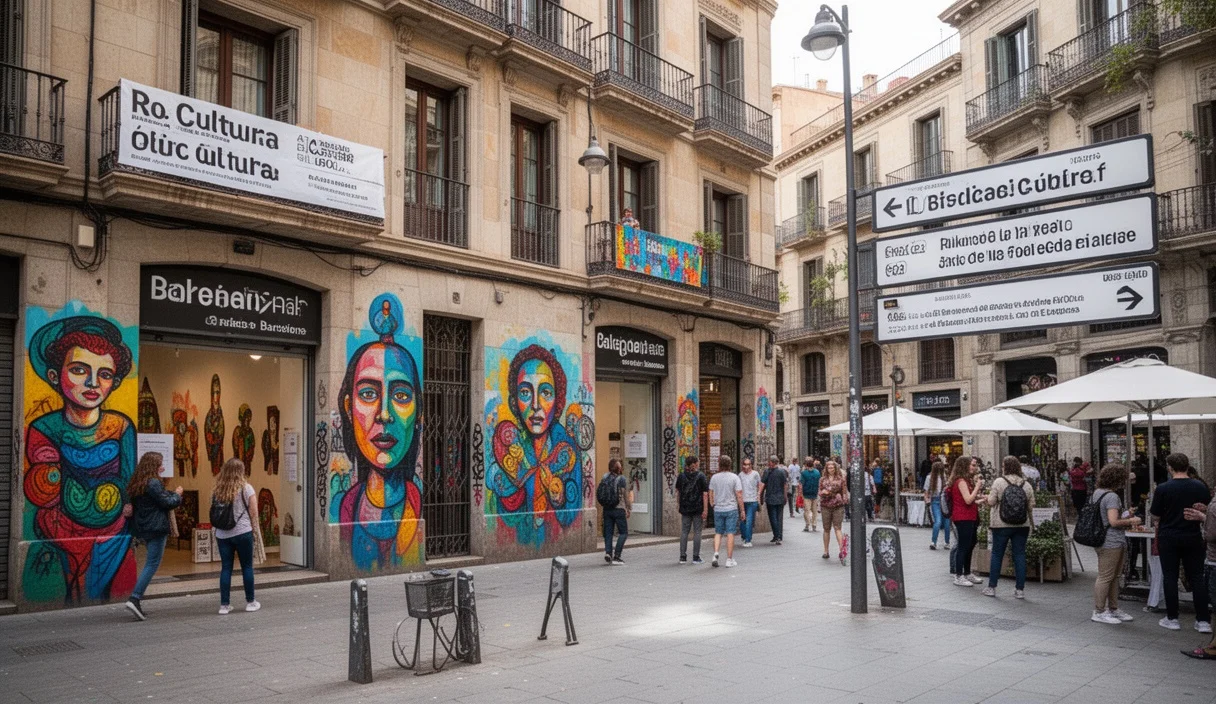 Vista colorida de una calle en Barcelona con arte público y espacios culturales