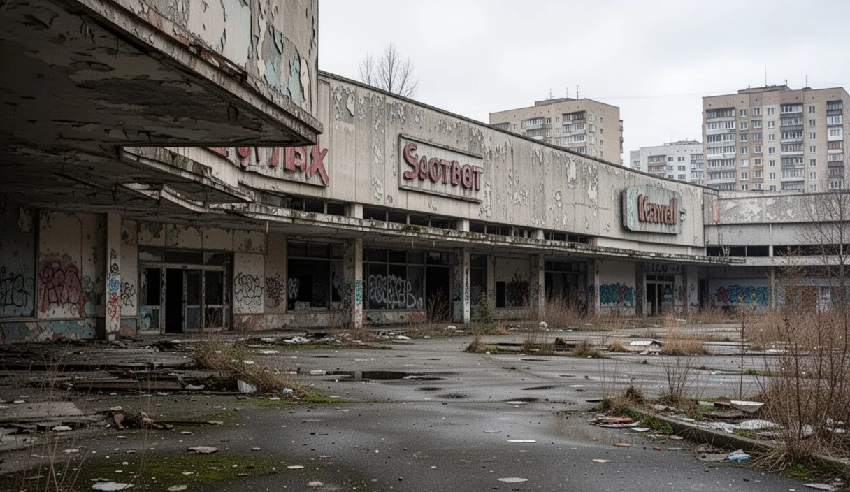 Centro comercial abandonado con signos visibles de deterioro en un entorno urbano