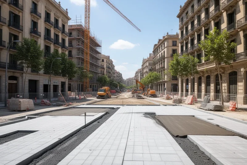 Obras en curso en una calle céntrica de Barcelona durante el verano