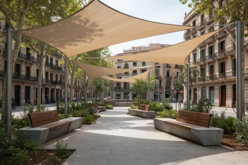 Newly installed shade structure providing relief from sun in a public park