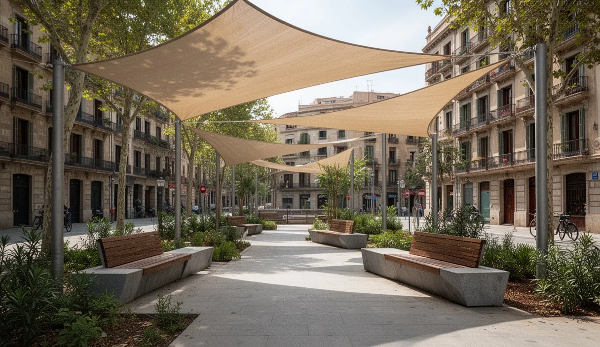 Newly installed shade structure providing relief from sun in a public park