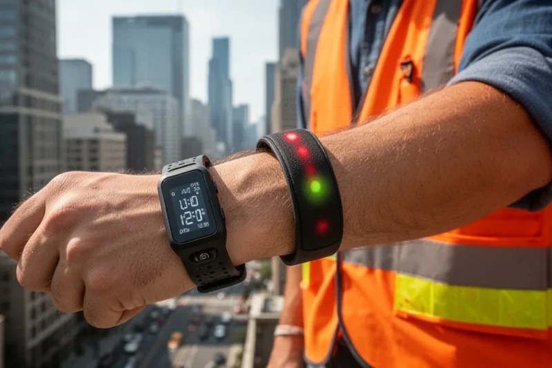 A close-up view of a thermal wristband designed for monitoring body temperature.