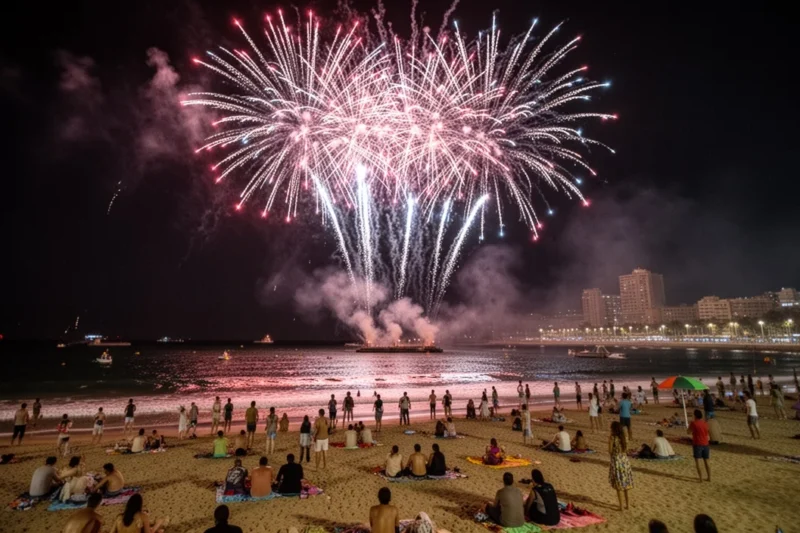Celebración nocturna en playa durante Sant Joan con fuegos artificiales