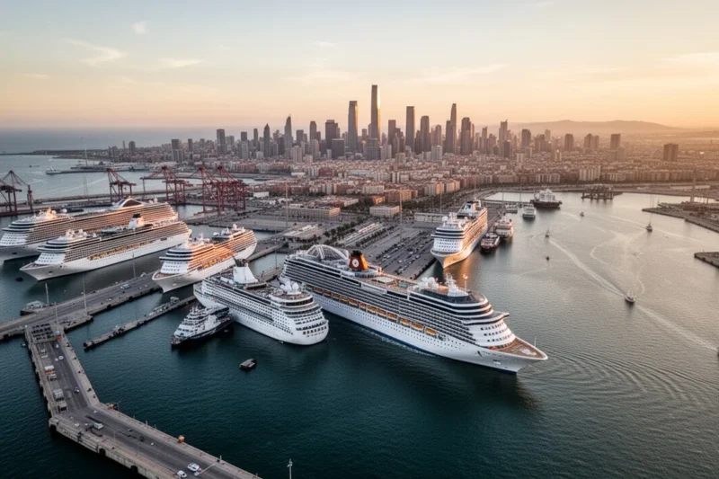 Vista aérea del puerto de Barcelona con barcos cruceros atracados