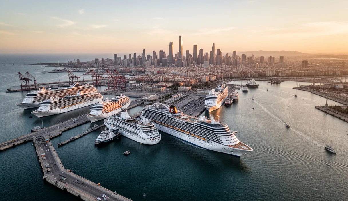 Vista aérea del puerto de Barcelona con barcos cruceros atracados