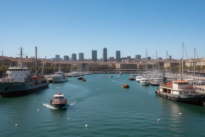 Puerto vibrante de Barcelona con embarcaciones y actividades marítimas bajo cielos despejados