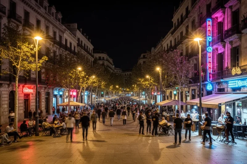 Vista nocturna iluminada de calles vibrantes en Barcelona