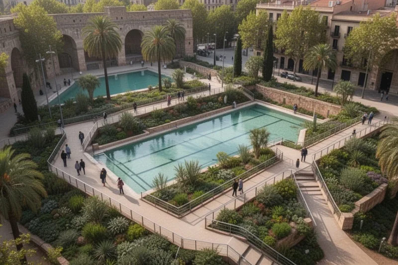 Vista aérea renovada de la Zona de Banys del Fòrum en Barcelona