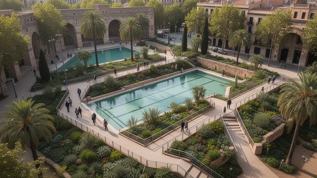 Vista aérea renovada de la Zona de Banys del Fòrum en Barcelona
