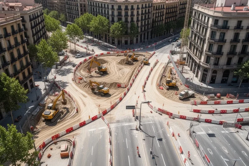 Vista aérea de una obra vial en Barcelona durante el verano