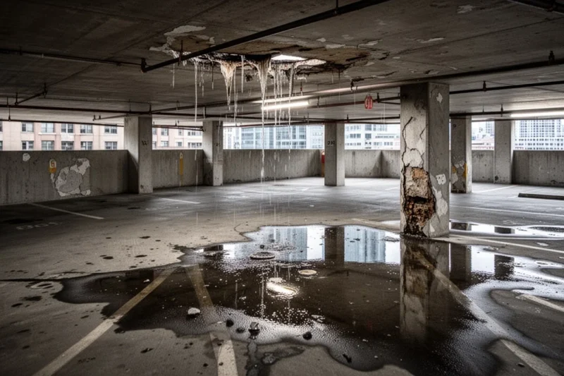 Damaged parking garage showing water leaks and deterioration