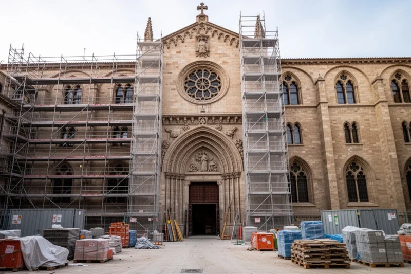 Renovation work on the historic facade of Santa Creu Hospital in Barcelona